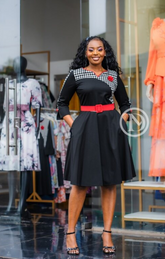 Elegant black skater dress with houndstooth yoke