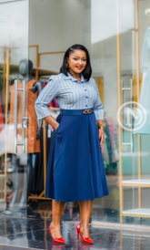Elegant pinstripe and navy blue "two-piece" dress