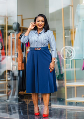 Elegant pinstripe and navy blue "two-piece" dress