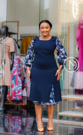 Elegant navy layered midi dress with floral chiffon sleeves