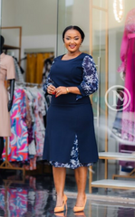 Elegant navy layered midi dress with floral chiffon sleeves