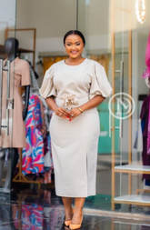 Elegant beige puff-sleeve midi dress