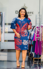 Elegant navy blue with butterfly-print dress