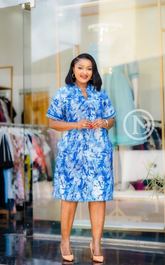 Elegant blue abstract-print shift dress