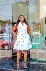 Elegant white with green floral dress