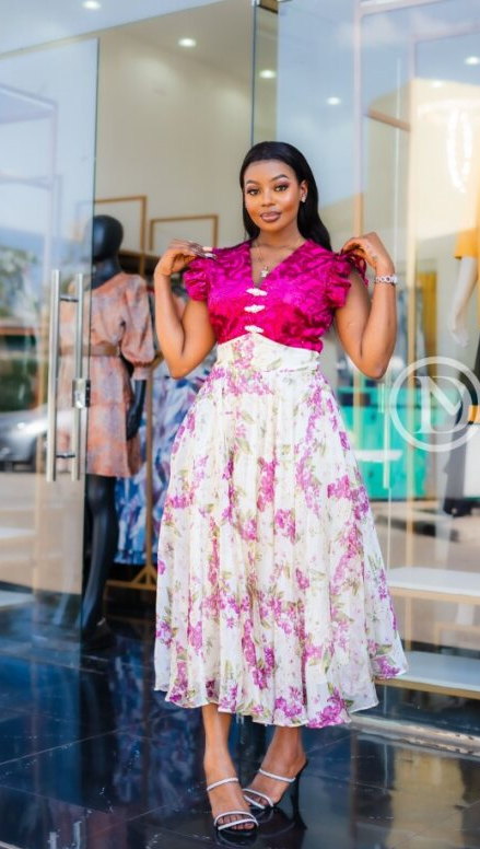 Elegant fuchsia with pink and green floral print midi dress