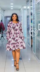 Elegant purple geometric print shift with ruffled hem