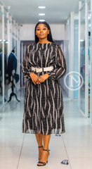 Elegant black with white geometric print midi dress