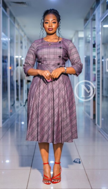 Elegant purple checkered midi dress