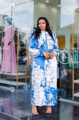 Elegant blue and white floral midi dress