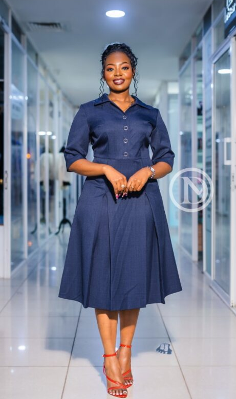 Elegant navy blue A-line midi dress