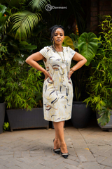 Elegant yellow abstract print dress