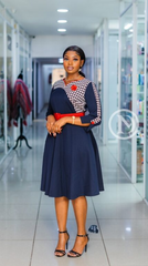 Elegant navy blue midi with houndstooth yoke