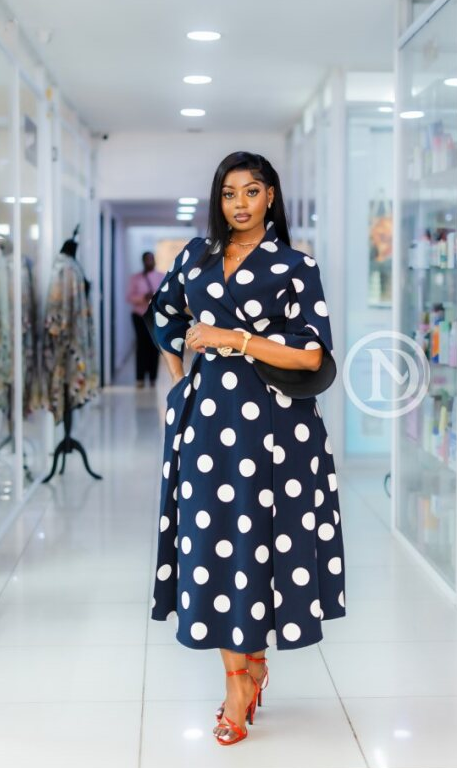 Elegant classic navy polka dot midi dress