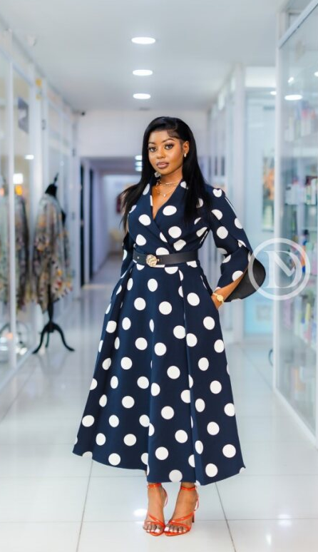 Elegant classic navy polka dot midi dress