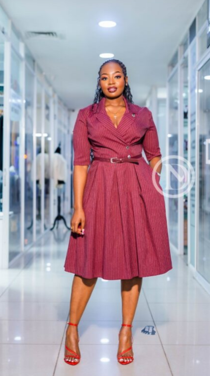 Elegant burgundy pinstripe official dress