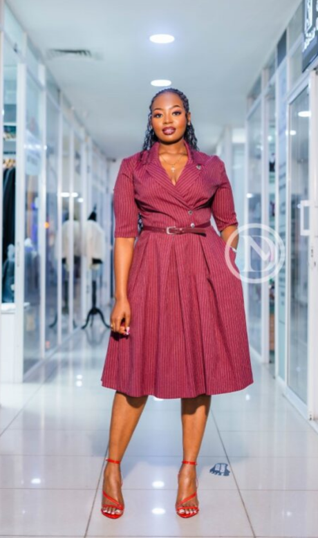Elegant burgundy pinstripe official dress