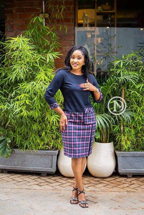 Elegant navy blue with pink checkered sheath dress