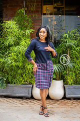Elegant navy blue with pink checkered sheath dress