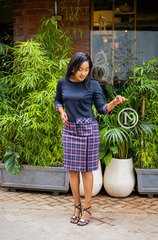 Elegant navy blue with pink checkered sheath dress
