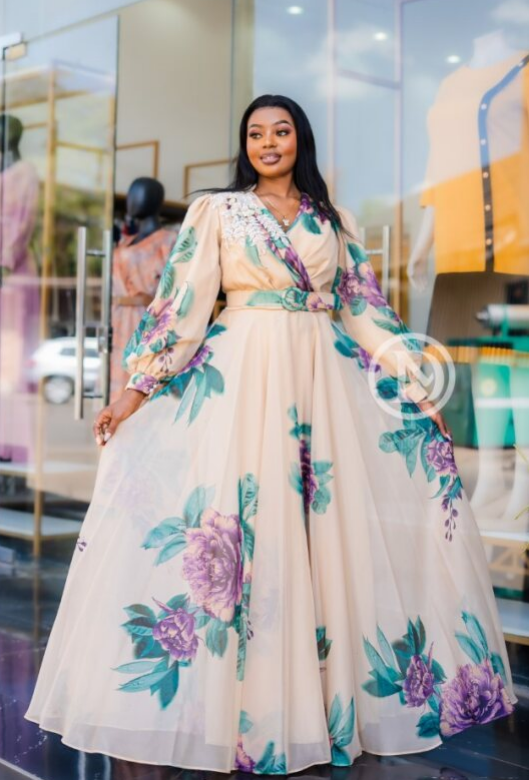 Elegant beige with purple and green floral print maxi dress