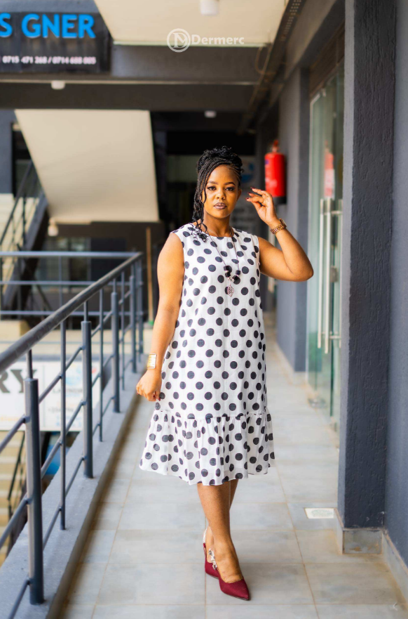 Elegant white with black polka dots A-line dress