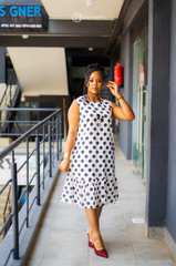 Elegant white with black polka dots A-line dress