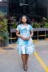 Elegant turquoise blue and grey abstract print A-line dress