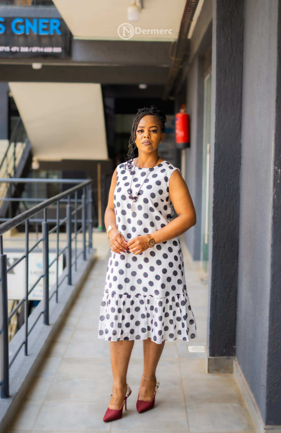 Elegant white with black polka dots A-line dress
