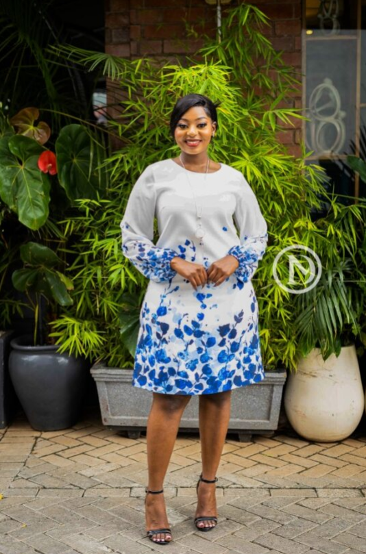 Elegant white with blue floral print shift dress