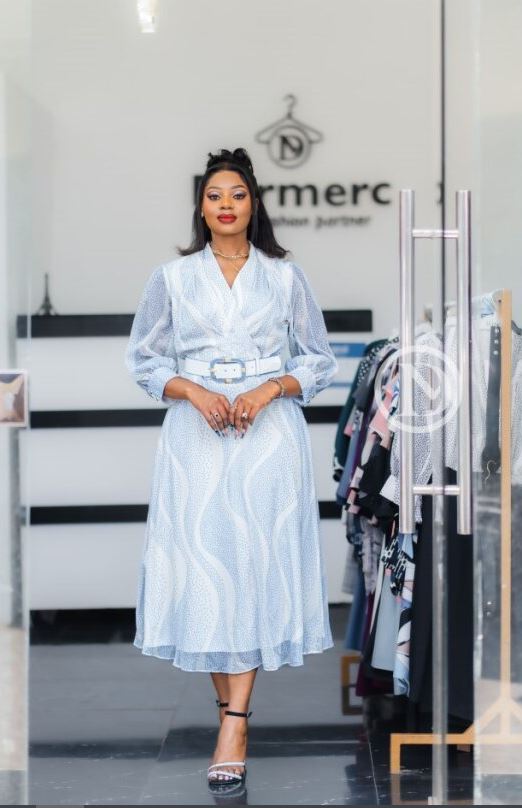 Elegant white and blue midi dress