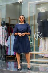 Elegant navy blue pleated skater dress