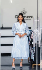 Elegant white and blue midi dress
