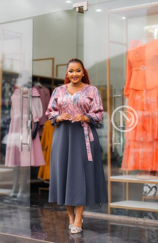 Elegant pink and gray A-line dress