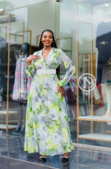 Vibrant green and grey floral maxi dress