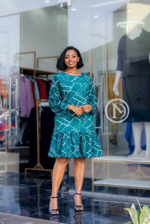 Elegant green with white patterns shift dress