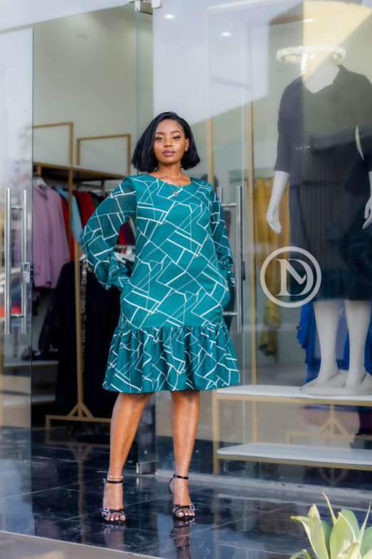 Elegant green with white patterns shift dress