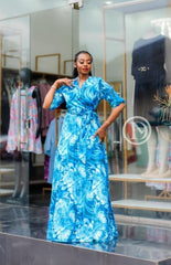 Vibrant blue floral wrap maxi dress