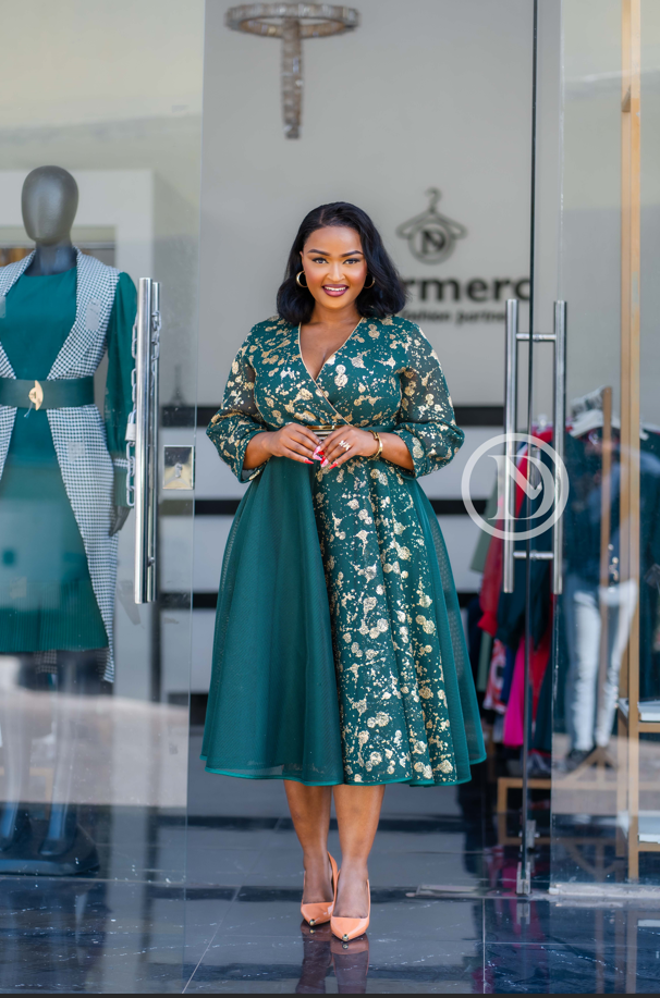 Green with gold flowers skater dress