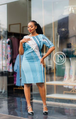 Elegant light blue abstract print shift dress