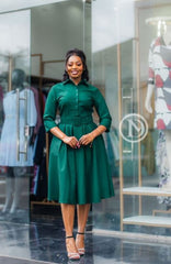 Elegant deep green pleated skater dress