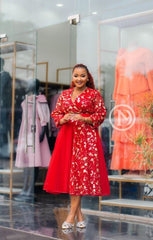 Elegant red with gold midi dress