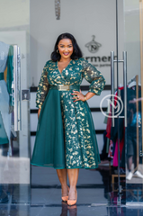 Green with gold flowers skater dress