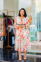 Elegant coral orange and green floral midi dress