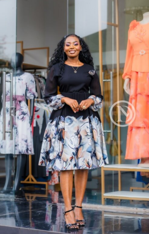 Elegant black border-print floral skater dress