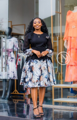 Elegant black border-print floral skater dress