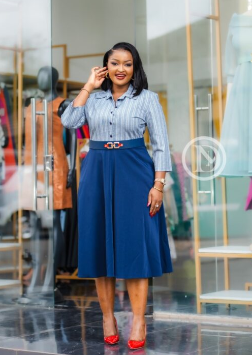 Elegant pinstripe and navy blue "two-piece" dress