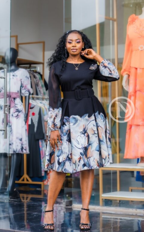 Elegant black border-print floral skater dress