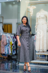 Elegant grey houndstooth A-line midi dress