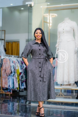 Elegant grey houndstooth A-line midi dress